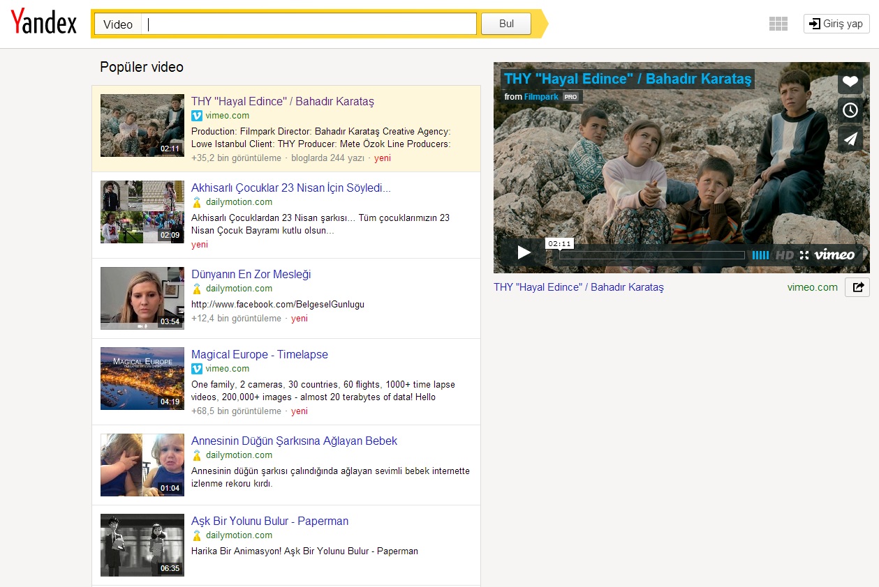 Yandex Video Arama Özelliği